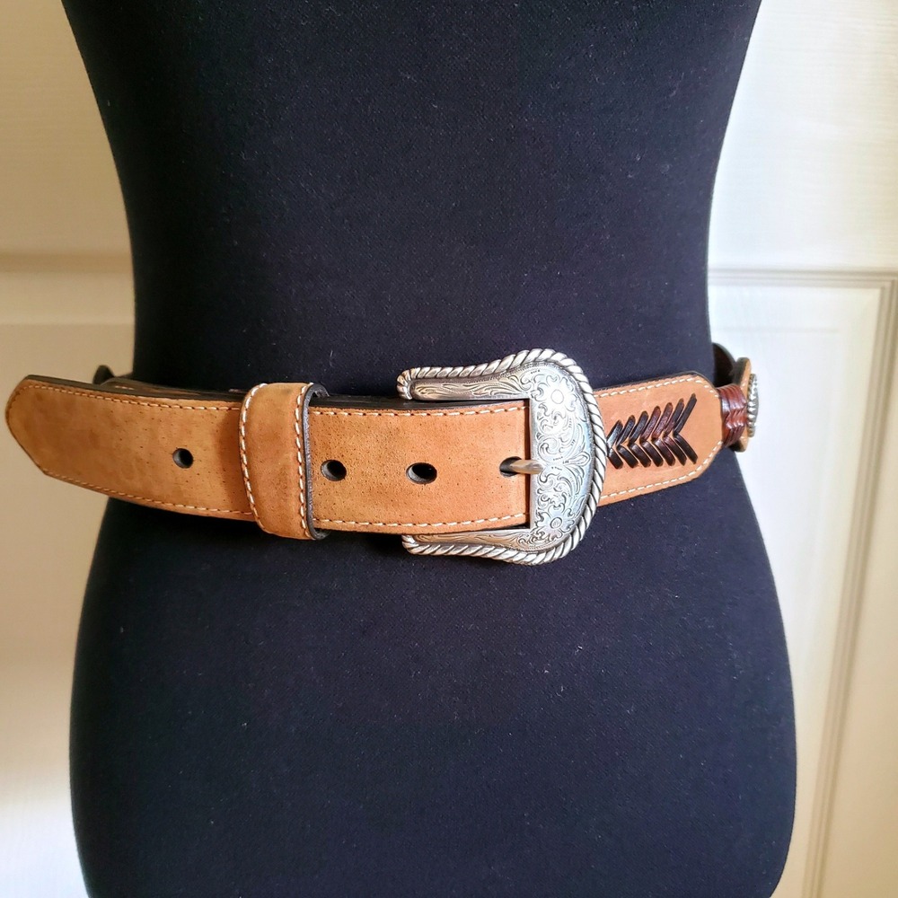 Nocona Tan‎ Brown Leather Belt 34 Braided Black Woven Silver Concho Buckle Rodeo